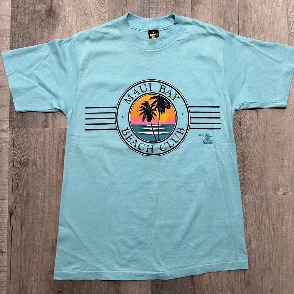 VTG Maui Bay Beach Club 1987 Baby Blue Hawaii Surf Palm Tree T Shirt 80s USA S